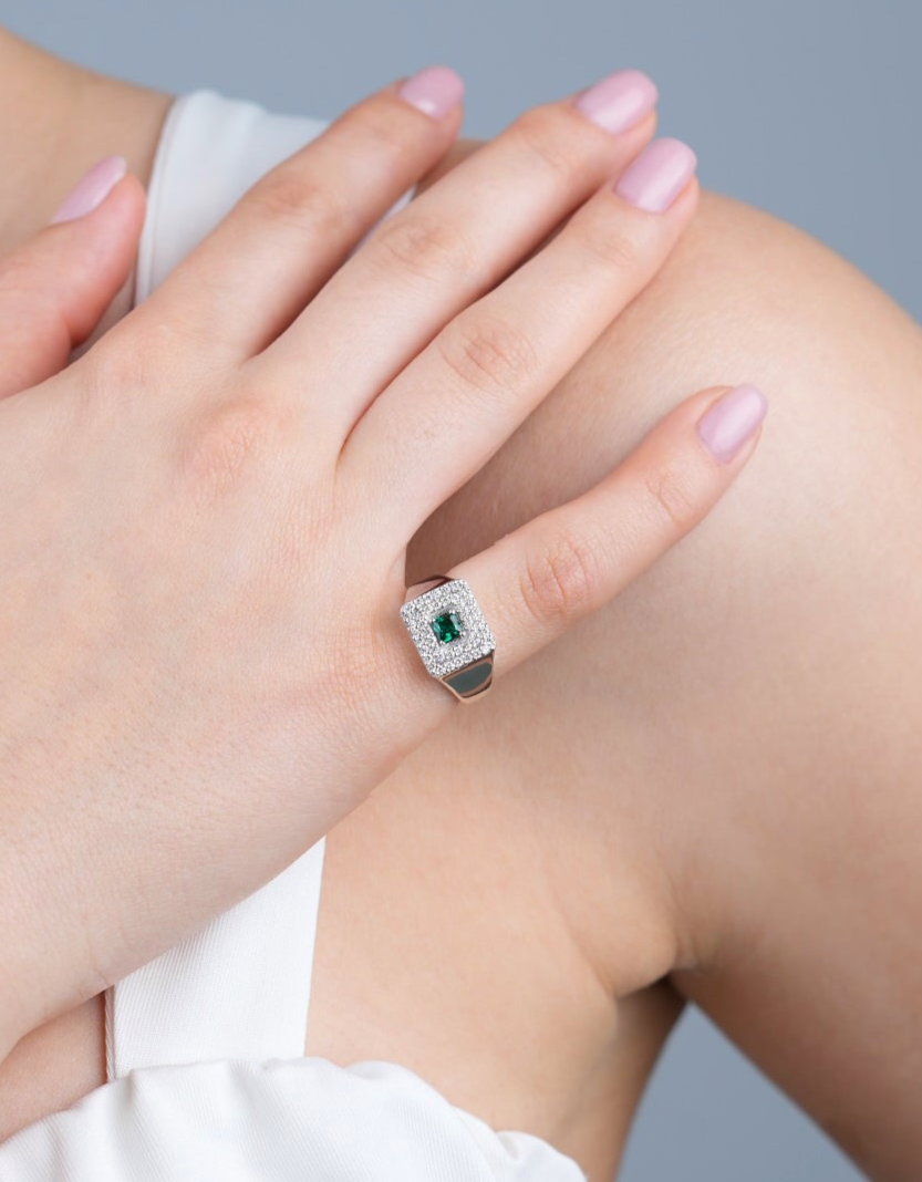 Emerald + Diamond Signet Ring